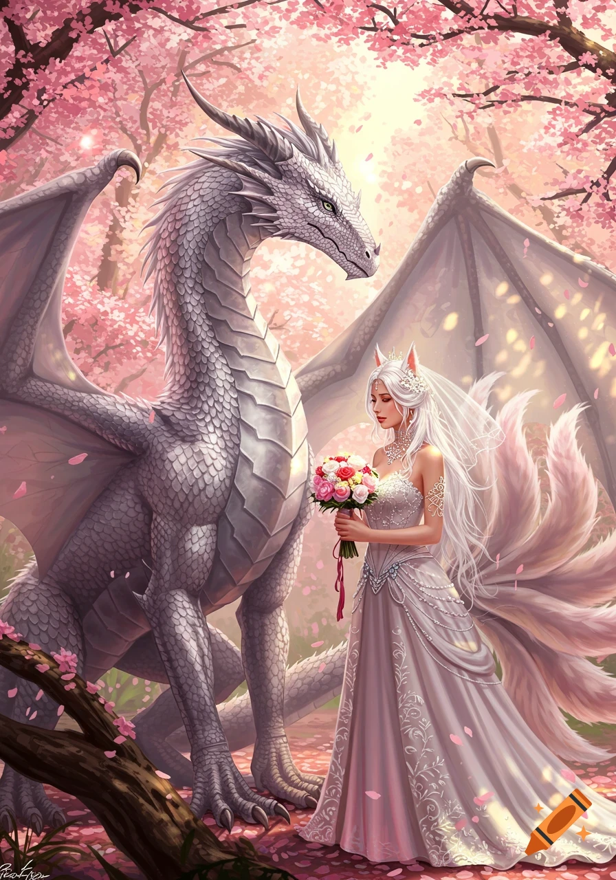 A large silver dragon stands beside a white-haired Kitsune woman in a wedding dress, holding a bouquet, amidst pink cherry blossoms.