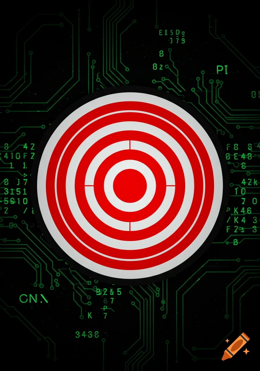 A red and white target symbol centered on a dark background with green circuit board patterns and digital code.