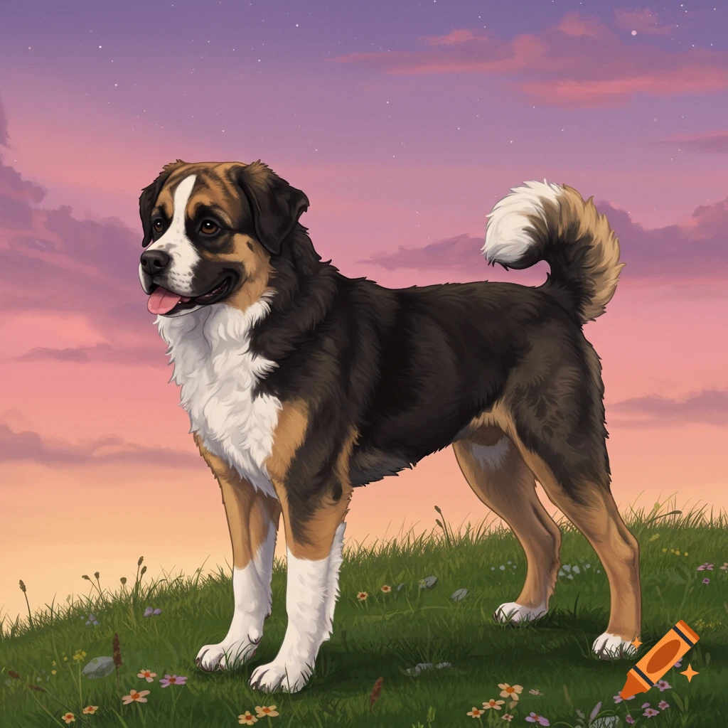 An illustrated tri-color dog stands on a grassy hill against a colorful sunset sky.