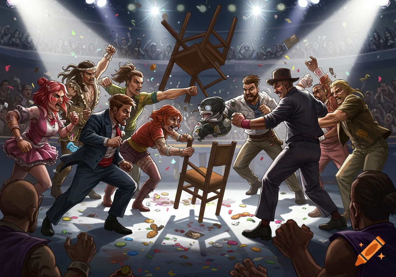 Stylized contestants brawl in a brightly lit arena, throwing punches and chairs amidst scattered confetti, with cheering fans.
