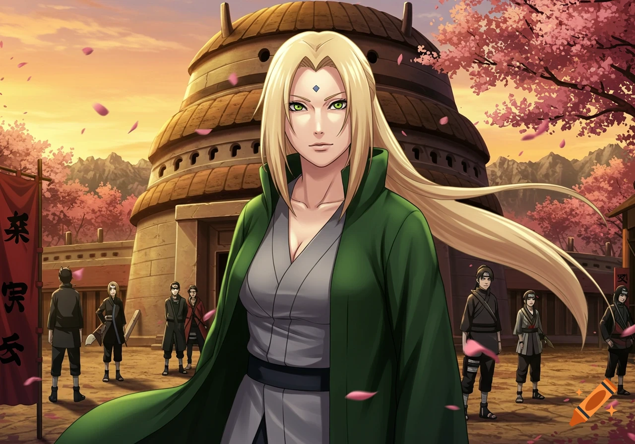 Anime illustration of Lady Tsunade from Naruto, a blonde woman in a green cloak, in a village with cherry blossoms at sunset.