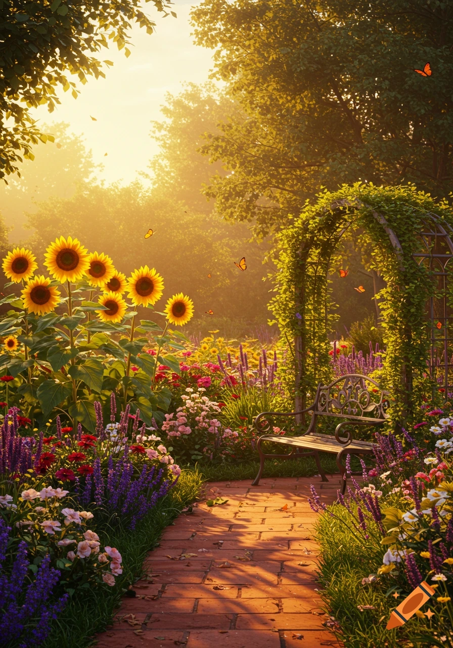 A vibrant, sun-drenched garden with a brick path, sunflowers, various colorful flowers, a leafy arbor, a bench, and butterflies.