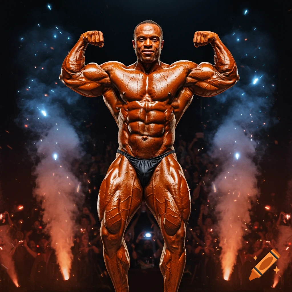 Muscular male bodybuilder in black posing trunks flexing on a dark stage with smoke and light effects, cheering crowd in background.