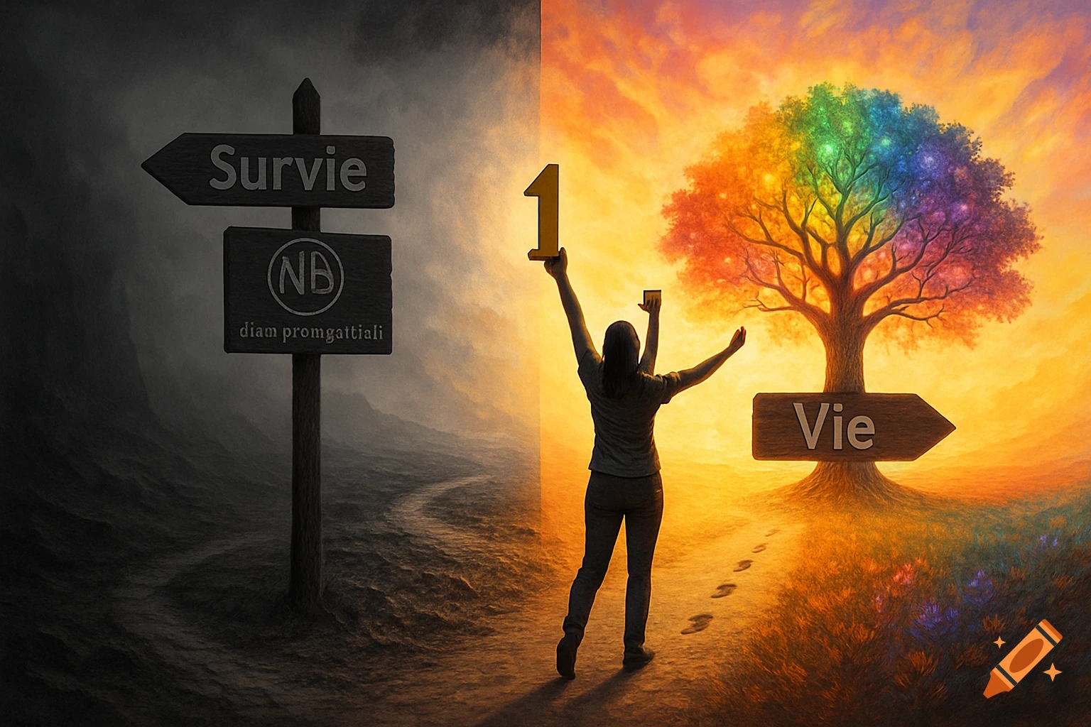 A woman stands with arms raised, holding a number '1', on a path leading from a dark, stormy landscape to a bright, colorful one with a rainbow tree, symbolizing recovery.