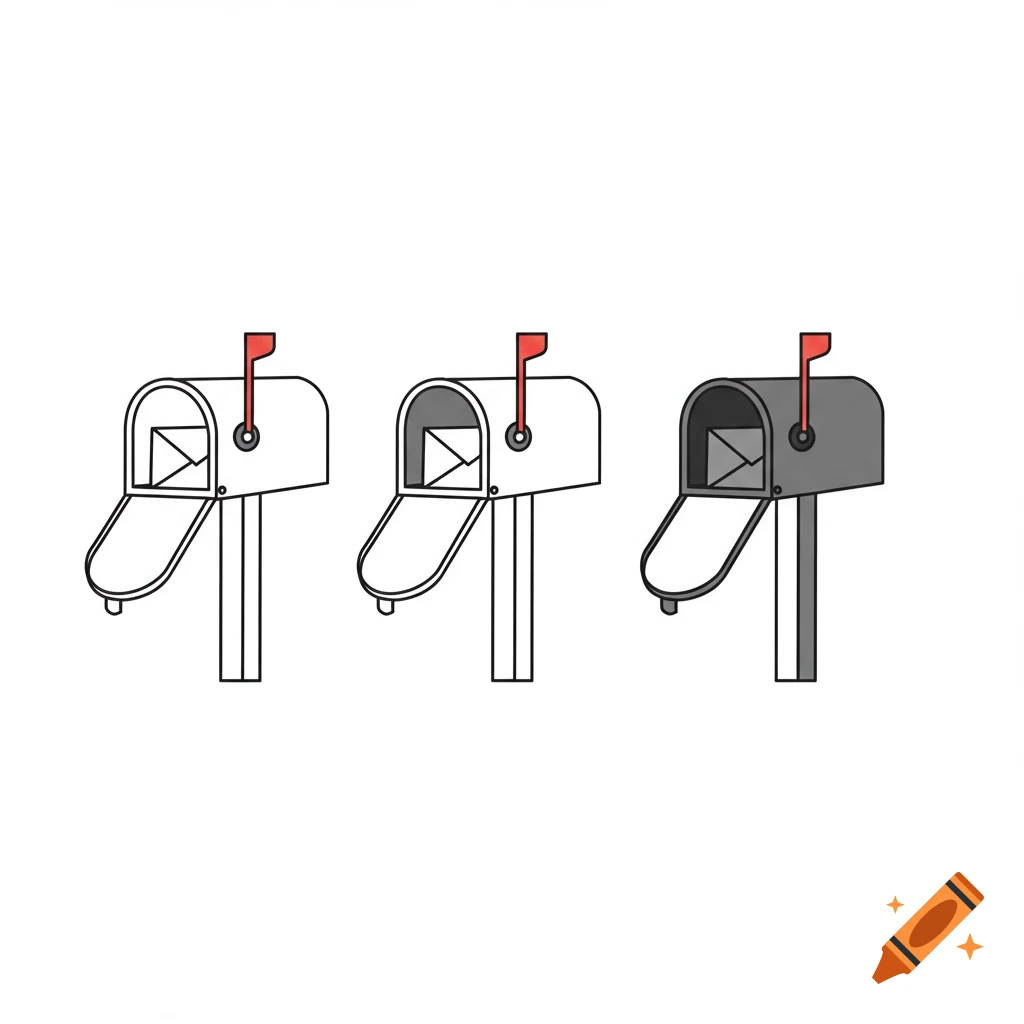 Three side-by-side simple illustrations of mailboxes with open lids and raised red flags. The first is an outline drawing, the second has a grey interior, and the third is entirely grey.