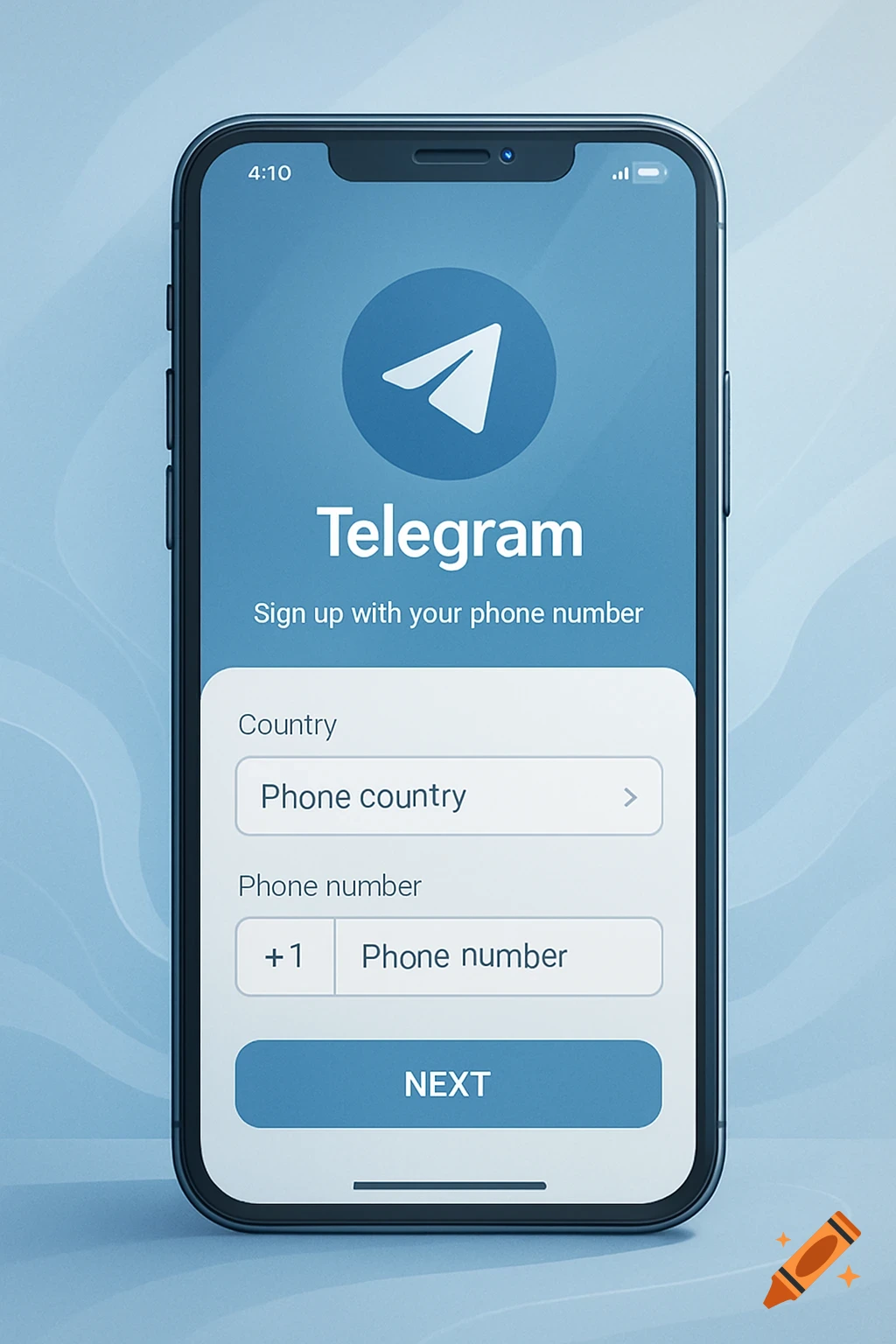 A close-up of a smartphone screen showing the Telegram app's sign-up interface with fields for country and phone number.