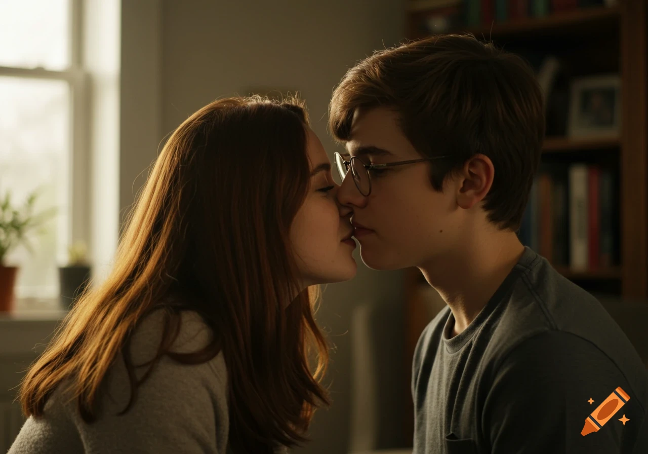 A young brown-haired girl kisses a brown-haired boy wearing glasses in a softly lit room.