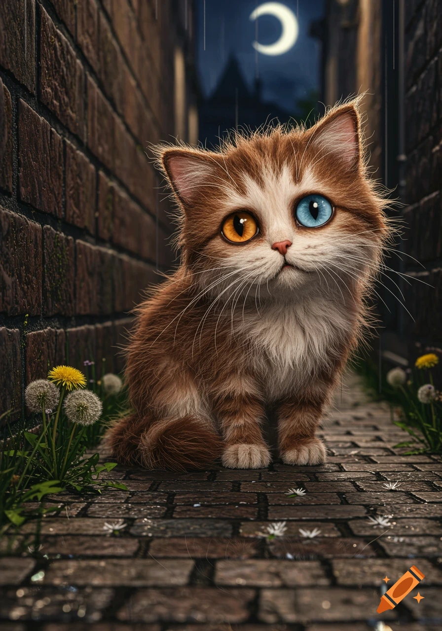 A fluffy brown and white cat with one orange eye and one blue eye sits on a wet cobblestone path in a rainy alley at night, under a crescent moon.