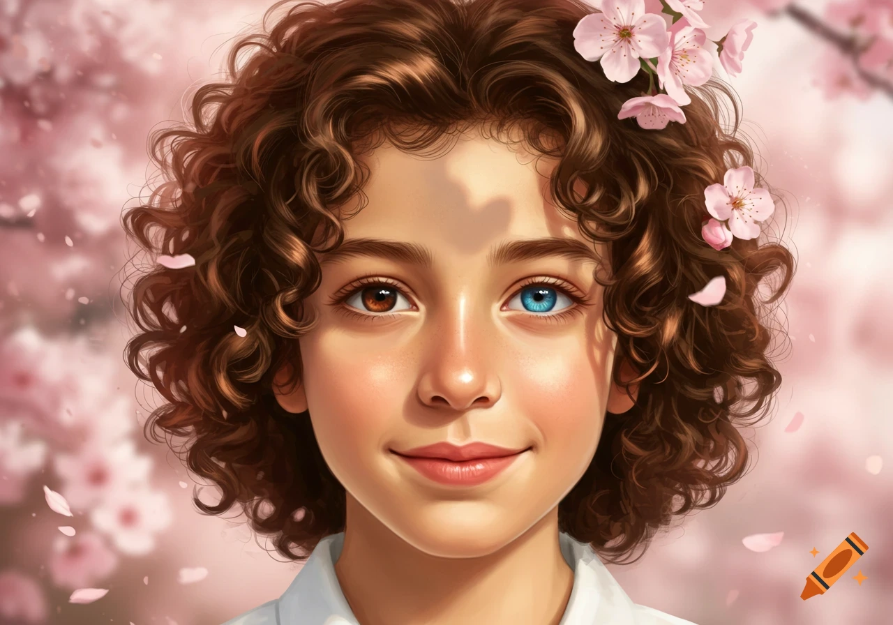 Close-up portrait of a child with brown curly hair and heterochromia, one brown eye and one blue eye, set against a background of pink cherry blossoms.