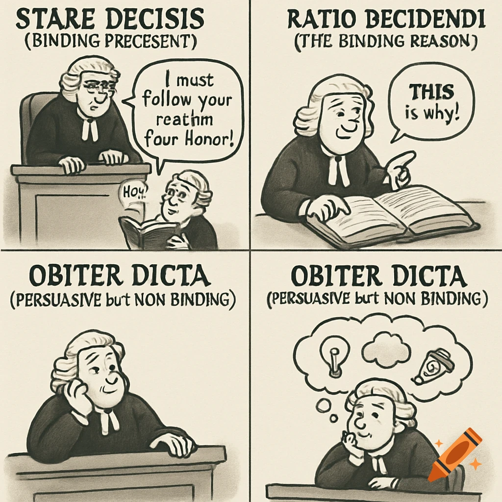 A four-panel cartoon explaining legal terms. Panel 1: two judges, one says "I must follow your reathm four Honor!". Panel 2: a judge points to a book, saying "THIS is why!". Panels 3 & 4: judges illustrate 'Obiter Dicta'.