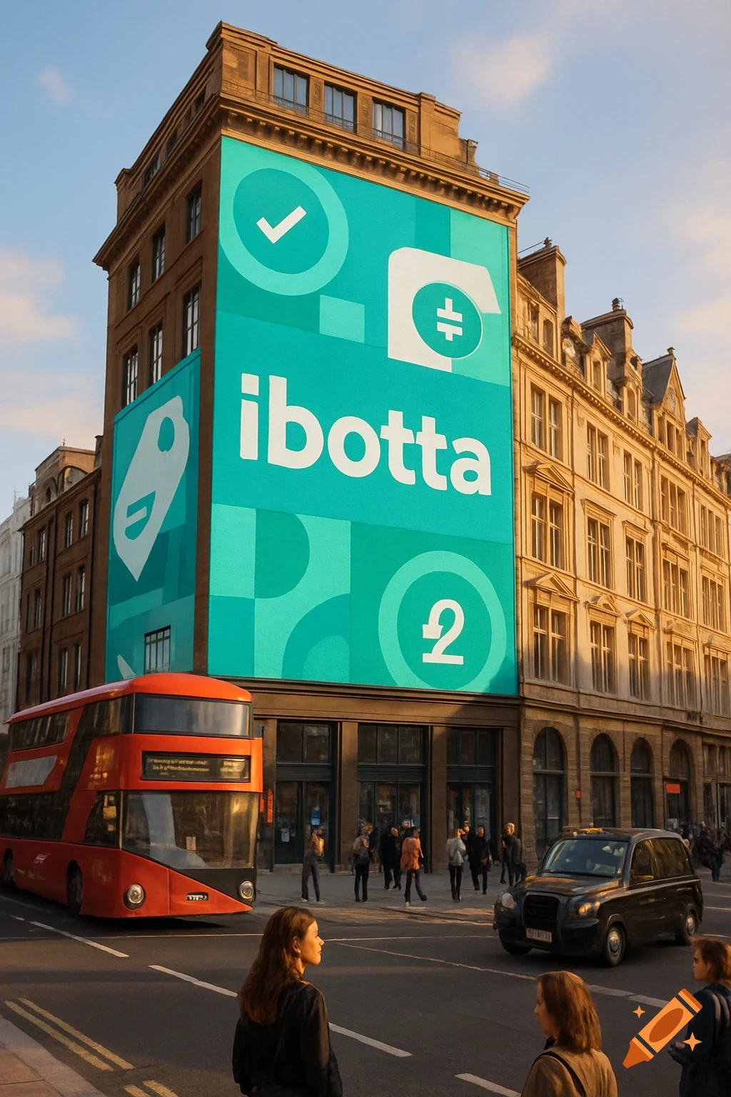Photorealistic image of a large Ibotta advertisement on a building in a city with a red double-decker bus and black taxi.