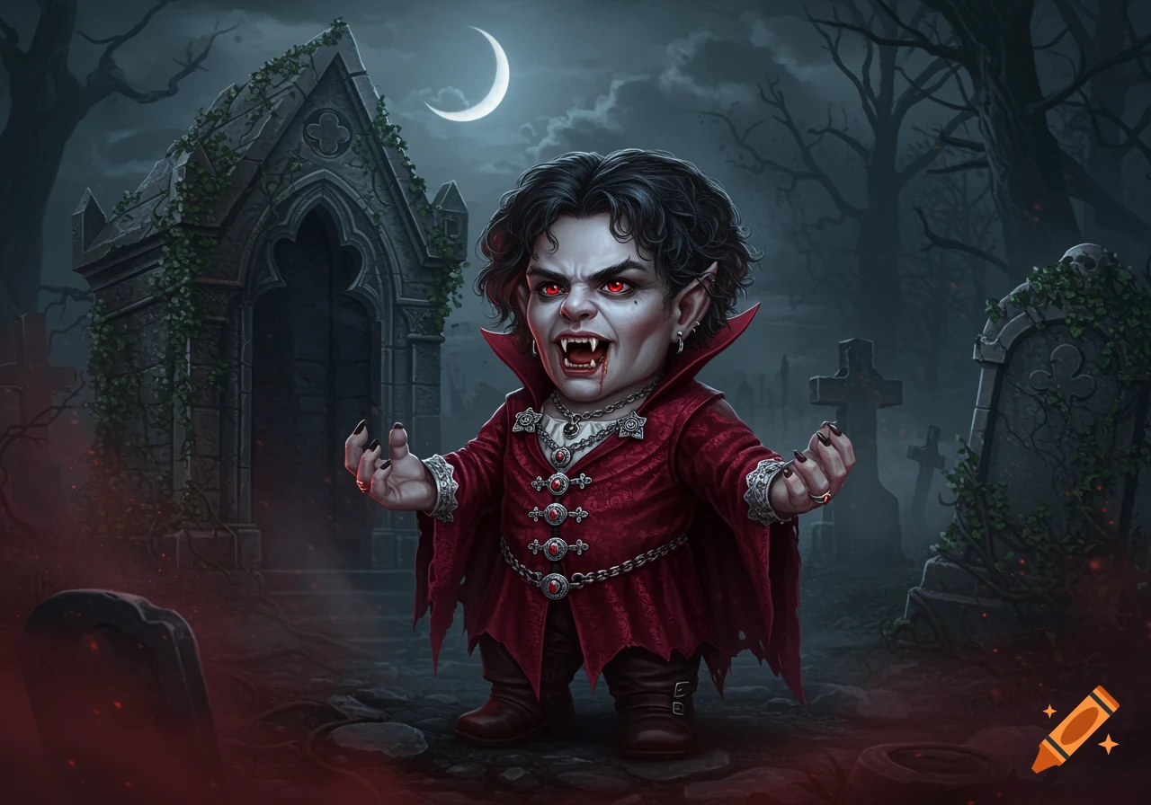 A snarling dwarf vampire with red eyes and fangs stands in a spooky graveyard under a crescent moon, wearing a red coat.