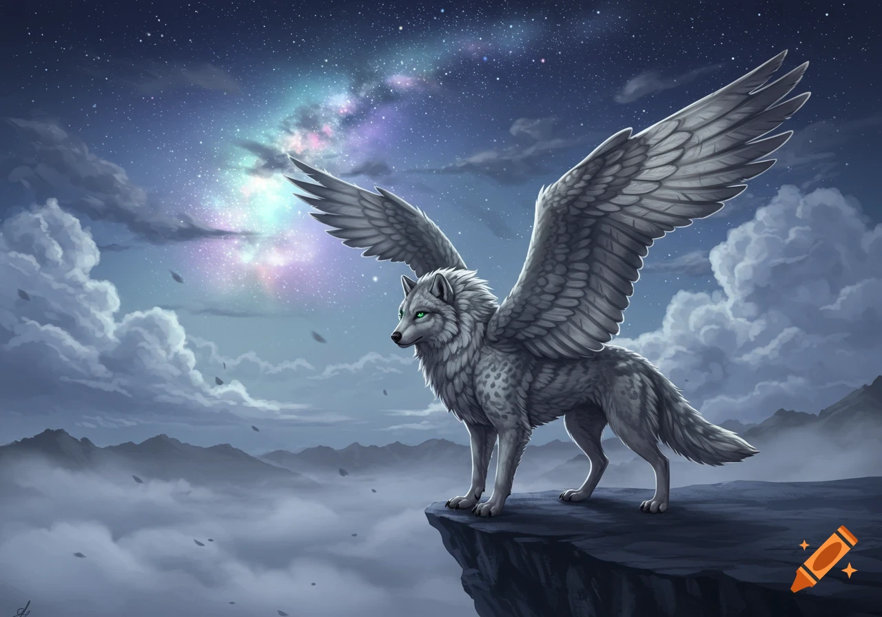 A majestic grey winged wolf with green eyes stands on a mountain cliff under a vibrant starry night sky with a milky way.