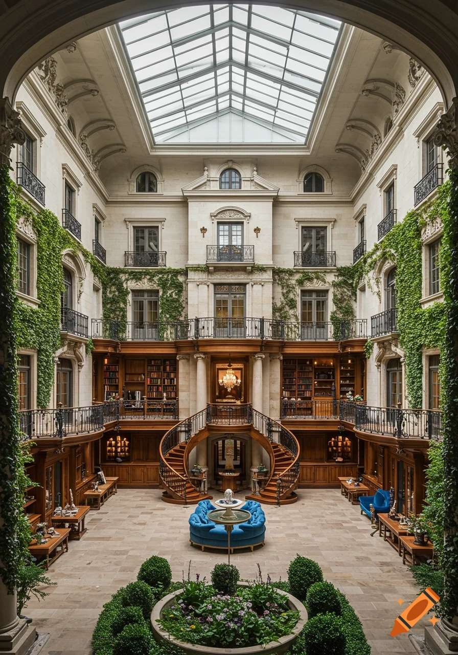 A grand interior courtyard of a luxurious mansion with a glass roof, ivy-covered walls, and a spiral staircase.