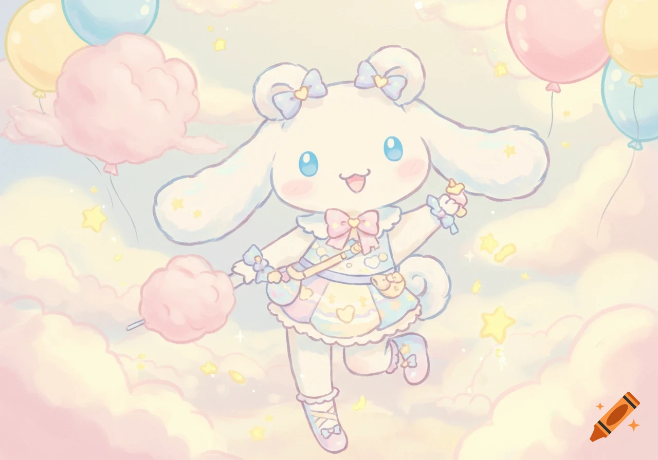 A kawaii cartoon white dog-like character resembling Cinnamoroll floats among pastel clouds, balloons, and cotton candy.