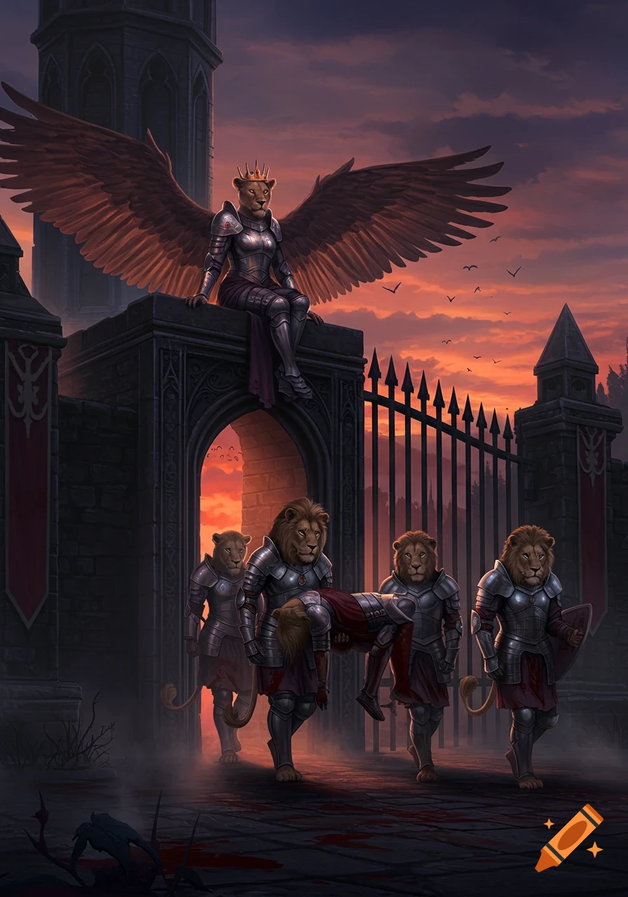 A winged lioness queen sits atop a dark castle gate, watching four lion soldiers carry a fallen comrade through a bloody courtyard at sunset.