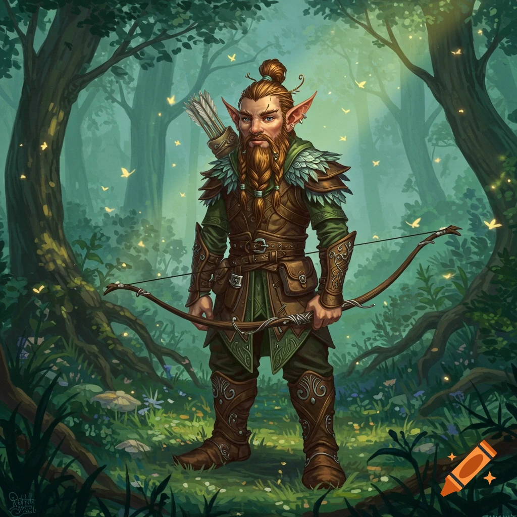 A male fantasy ranger with a braided beard and top knot, dressed in leather armor, holds a bow in a lush magical forest with glowing insects. Illustration.