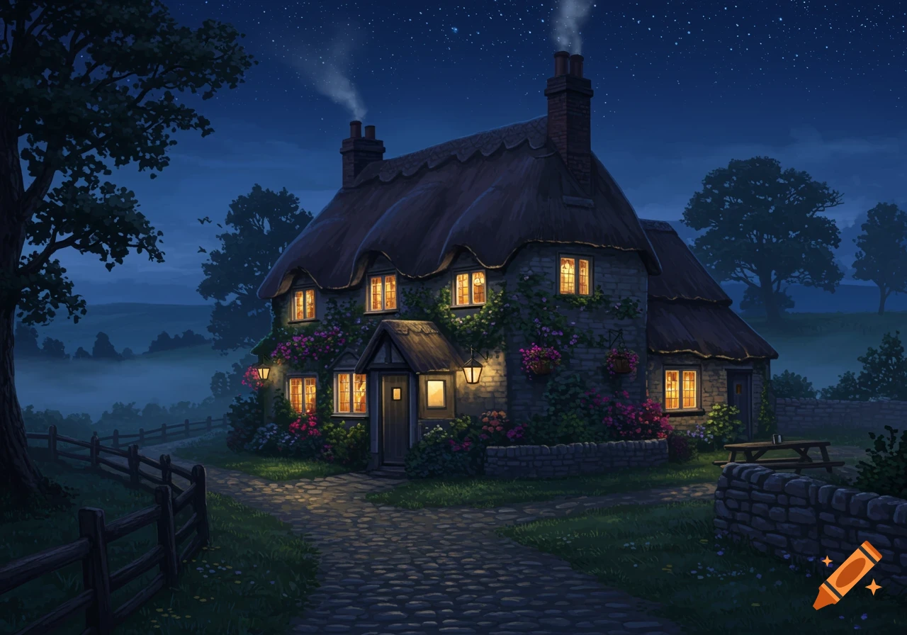 A detailed illustration of a cozy English country cottage at night with glowing windows, a thatched roof, and flowers. A stone path leads to the front door under a starry sky.