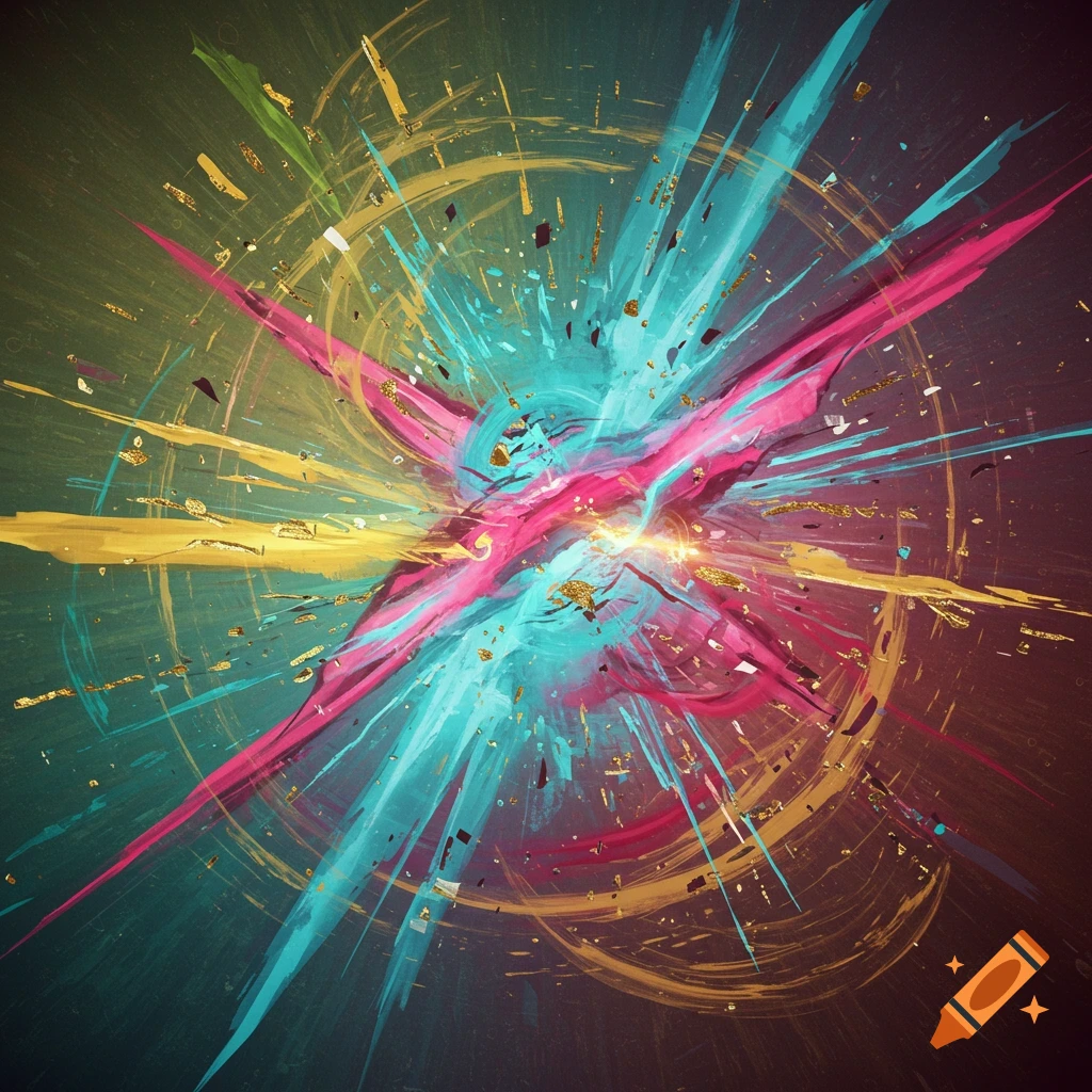 Abstract explosion of pink, teal, and yellow paint strokes with gold glitter on a dark background.