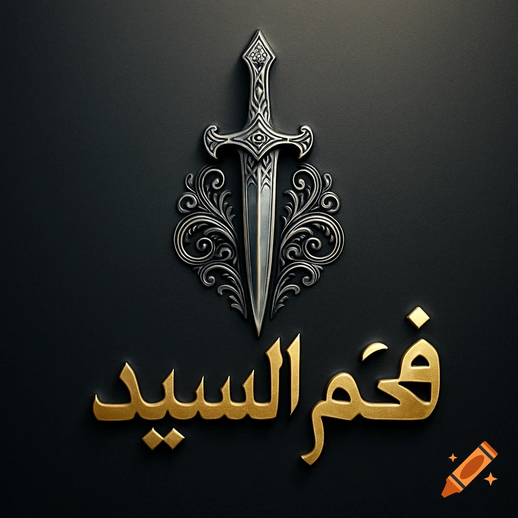 A silver dagger with ornate scrollwork above gold, three-dimensional Arabic text on a dark background.