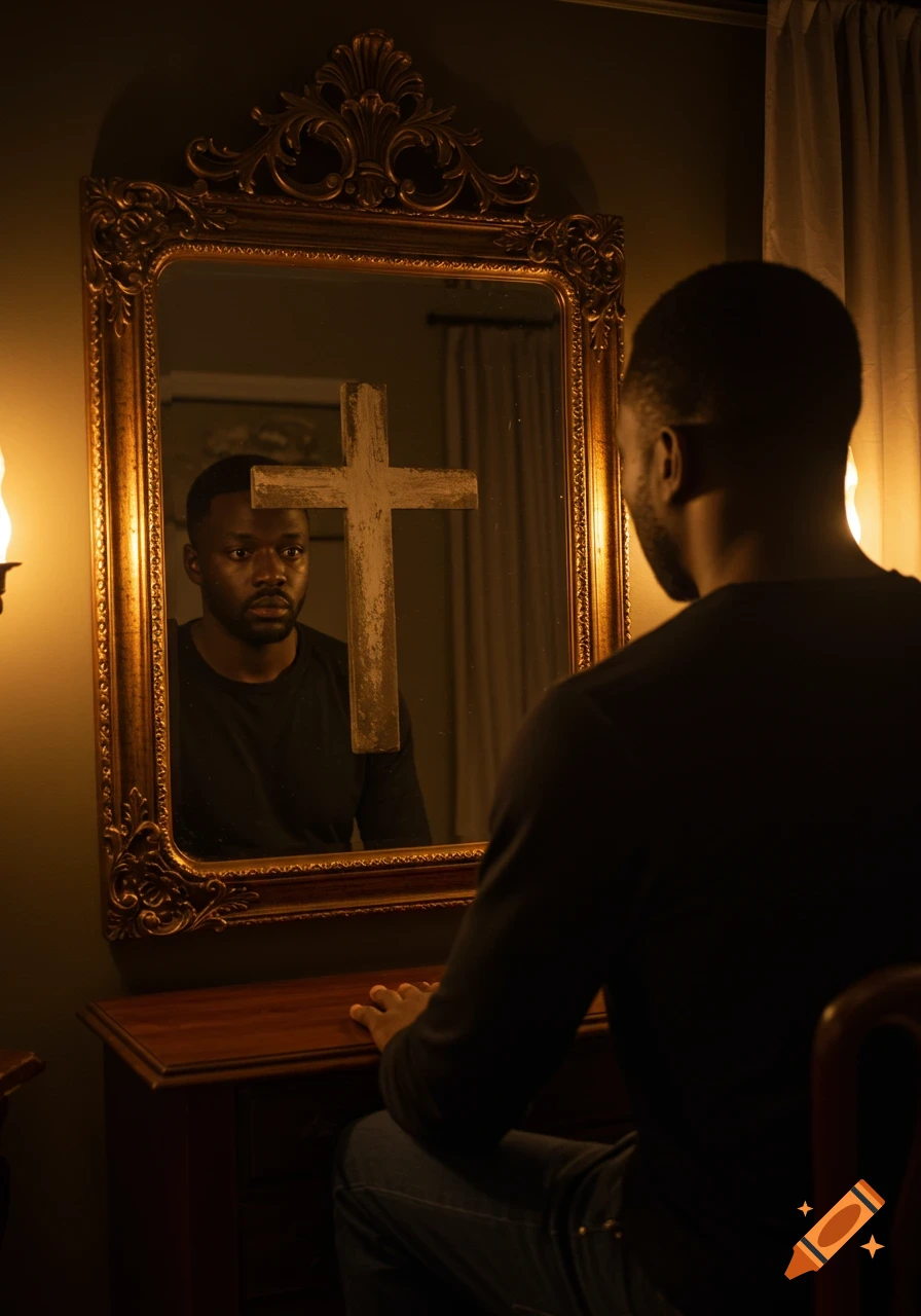 A black man looking into an ornate mirror, where his reflection is a wooden cross.