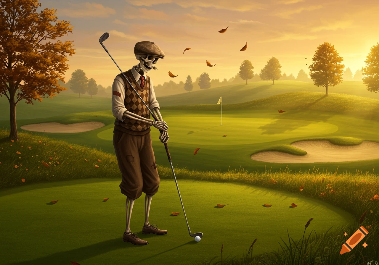 A skeleton in a vest and flat cap holds a golf club on a course at sunset with autumn leaves falling.