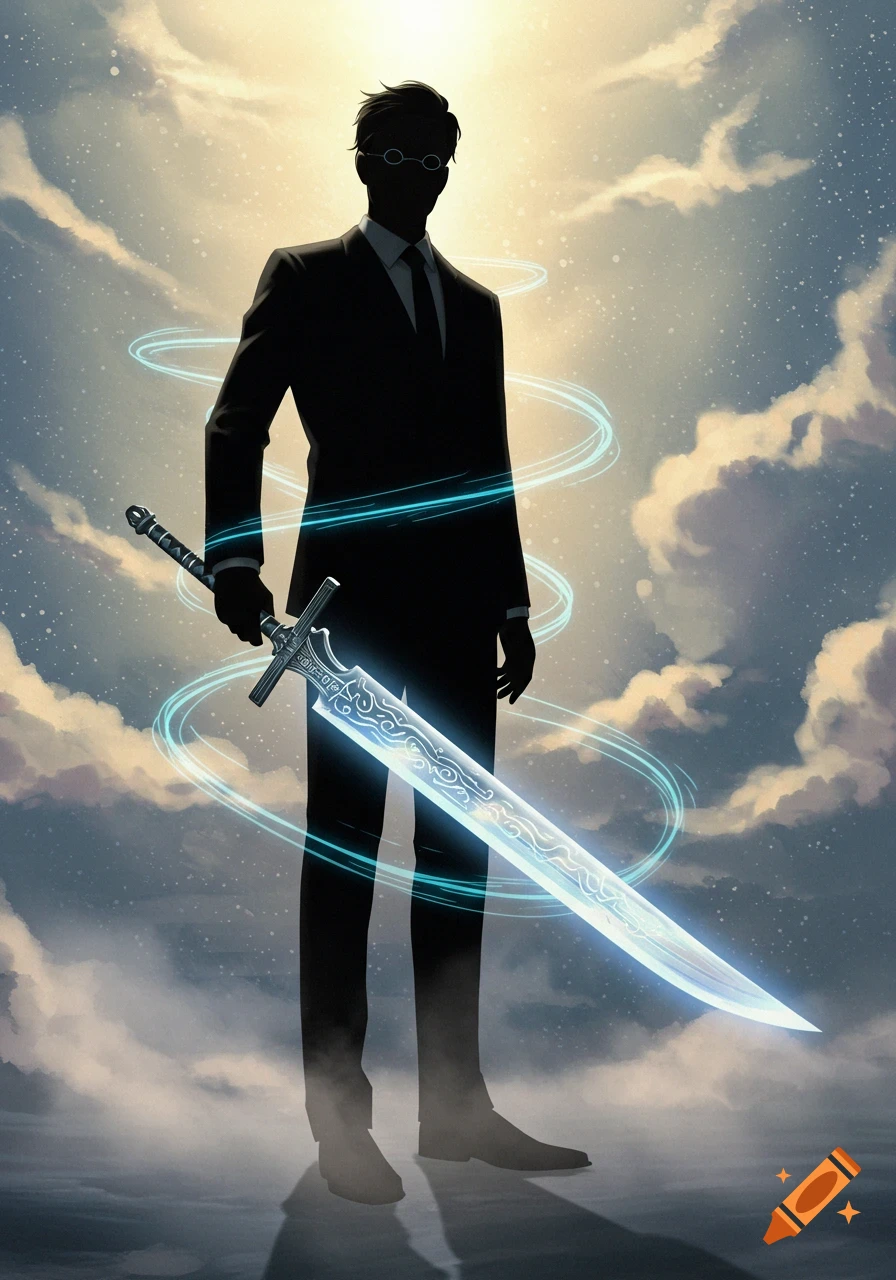 Silhouetted man in a suit holding a glowing, ornate sword against a cloudy, bright sky.