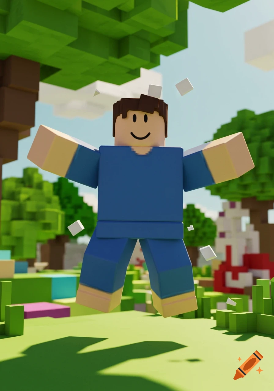 A 3D rendering of a Roblox 'noob' character in a blue outfit with a smiley face, floating in a blocky, green landscape with trees and white cubes, set against a blue sky.