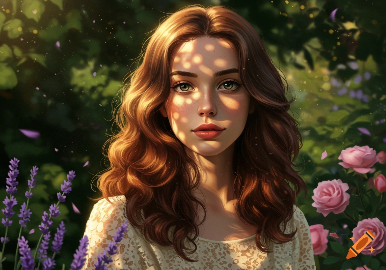 Digital painting of a woman with long brown hair and green eyes, dappled in sunlight, in a garden with lavender and pink roses.