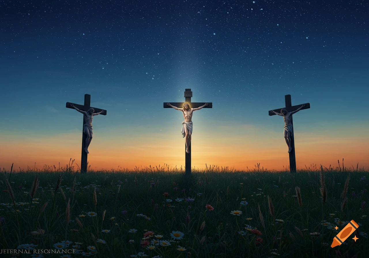 Three crucified figures on crosses silhouetted against a starry sunset sky over a field of wildflowers.