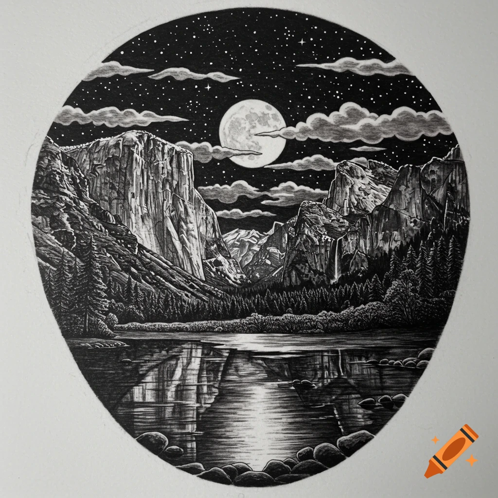 A detailed black and white drawing of Yosemite Valley at night, with a full moon reflecting on a calm lake, surrounded by towering mountains and pine trees under a starry sky.