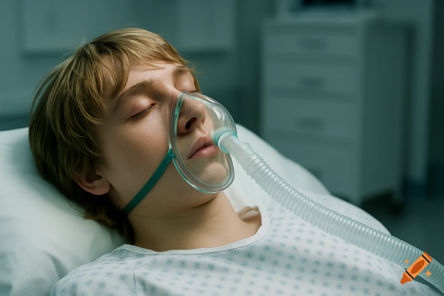 Photorealistic image of a young person with an oxygen mask lying unconscious in a hospital bed.