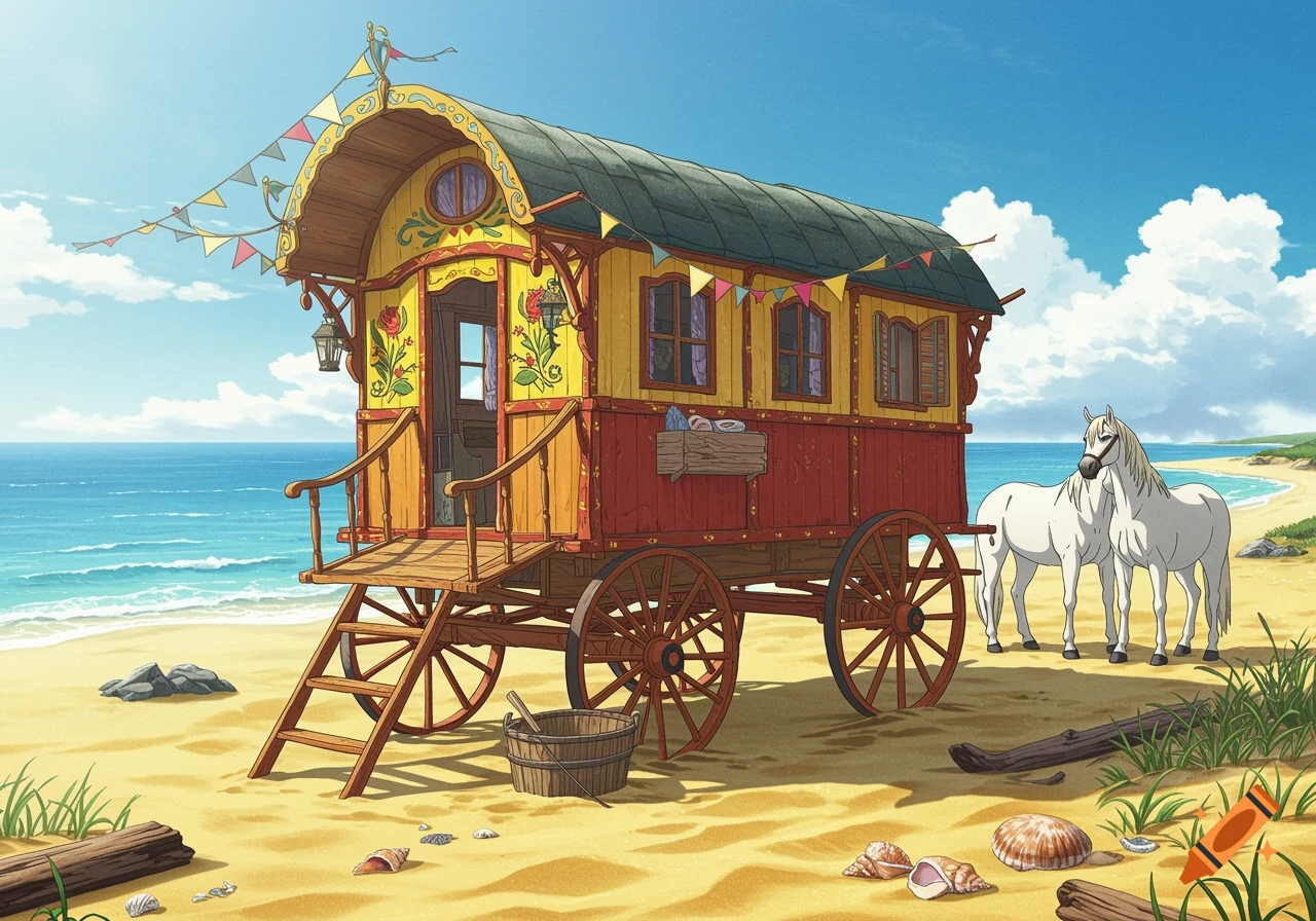 An anime-style colorful traditional gypsy caravan parked on a sandy beach next to two white horses with the ocean in the background.