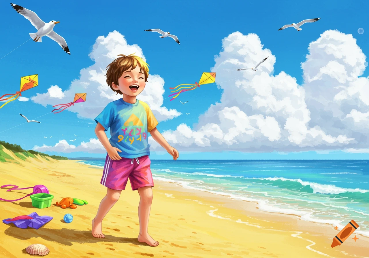 A happy cartoon boy with brown hair in a colorful t-shirt and pink shorts walks on a sandy beach under a bright blue sky with white clouds and flying kites and seagulls. There are beach toys and a seashell on the sand.
