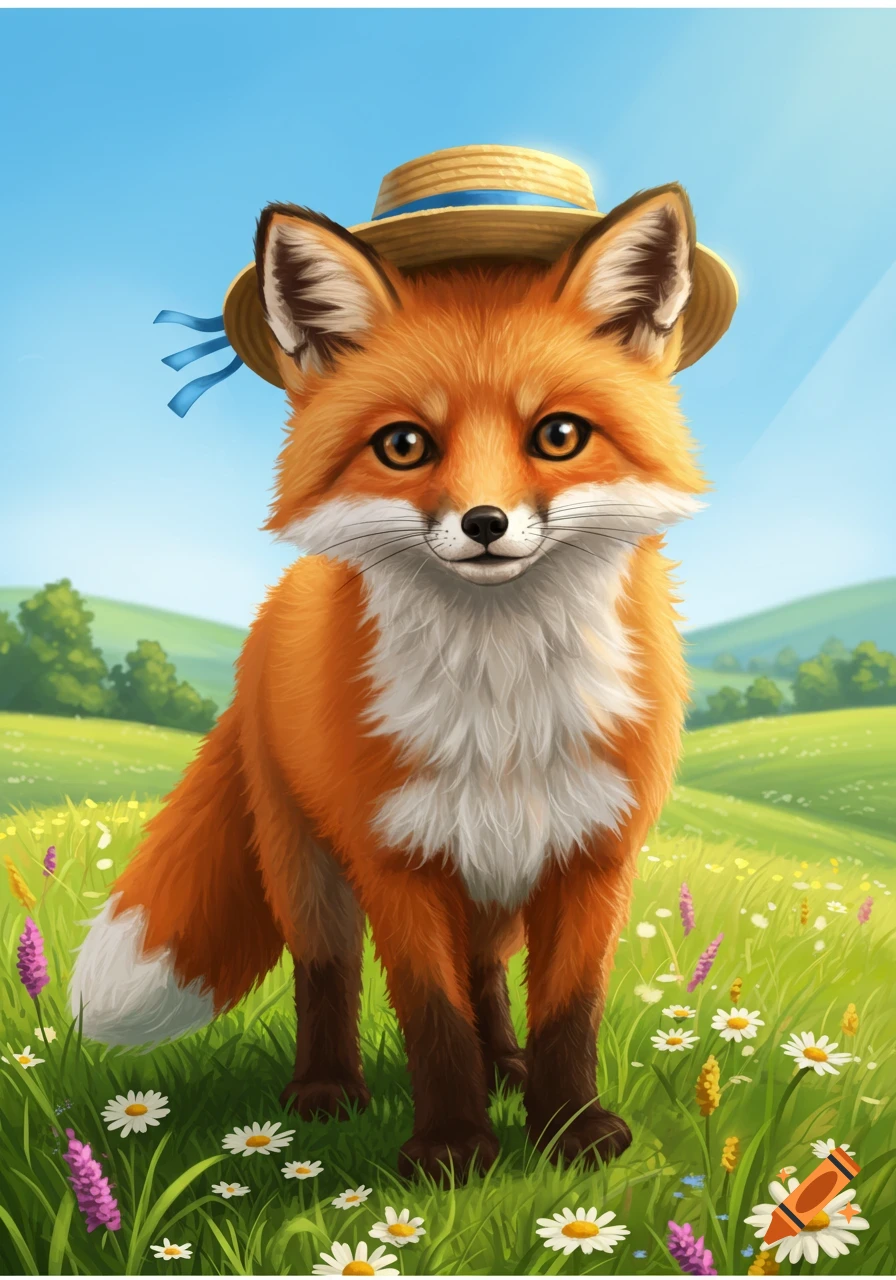 A cute orange fox wearing a straw hat stands in a green field with daisies and purple flowers under a blue sky.