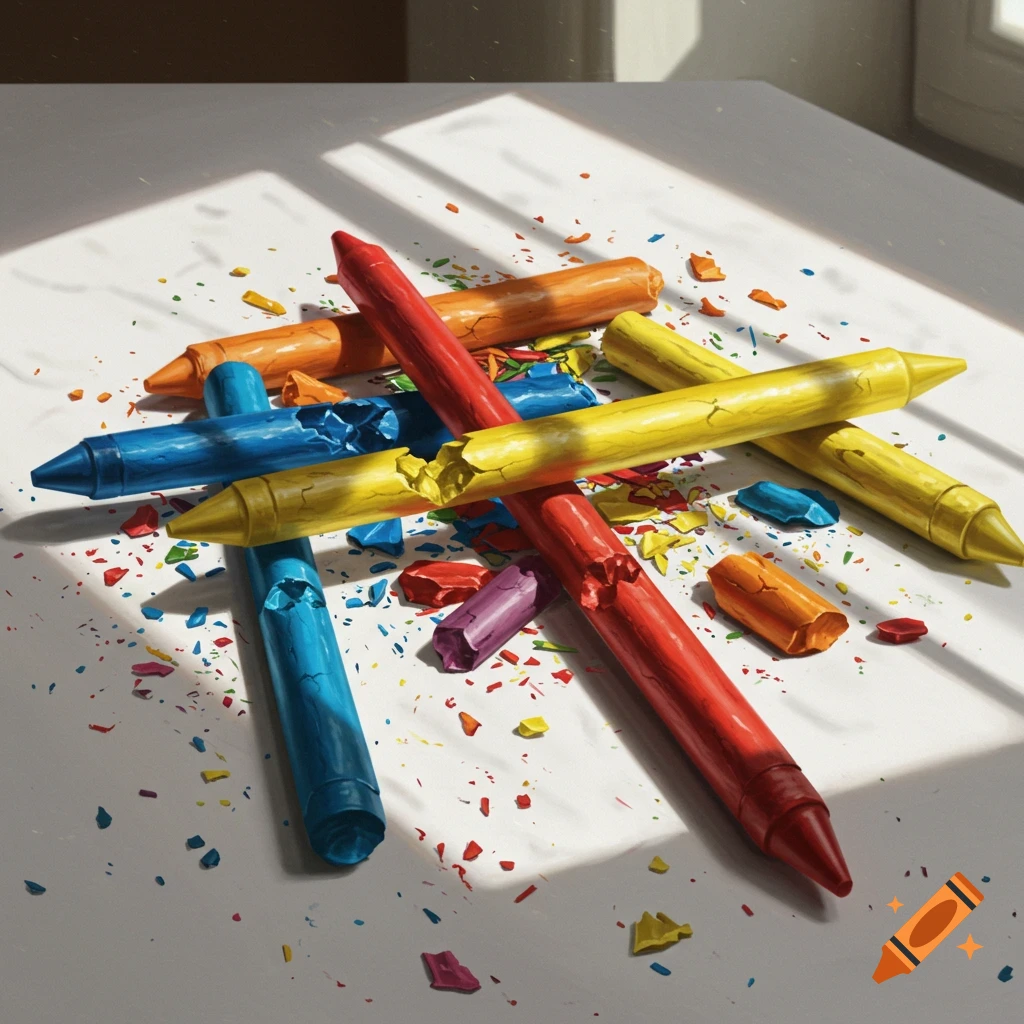 Broken colorful crayons and crayon pieces scattered on a white surface, with light and shadow.