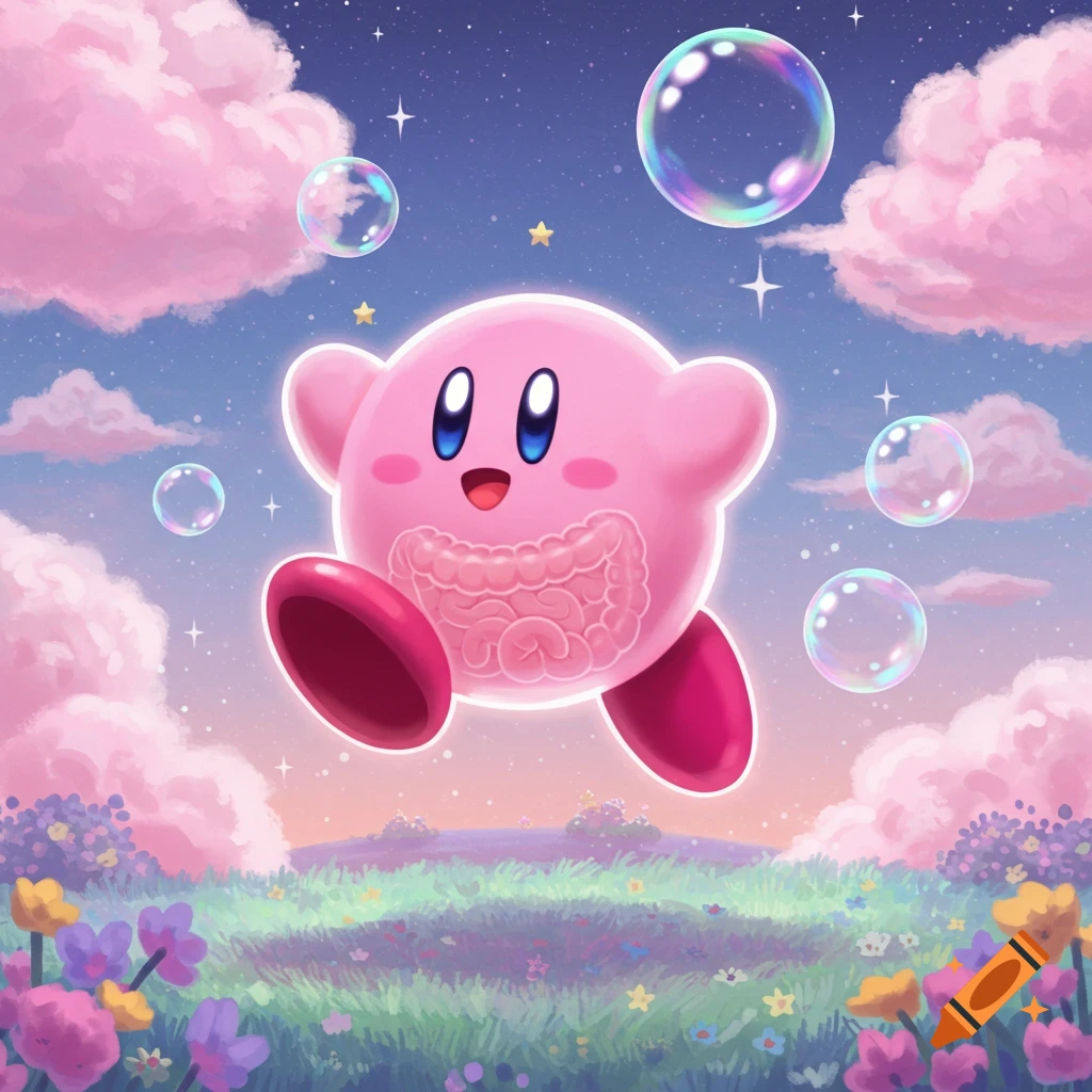 Pink Kirby with visible internal organs running through a dreamy landscape with pink clouds, stars, and bubbles.