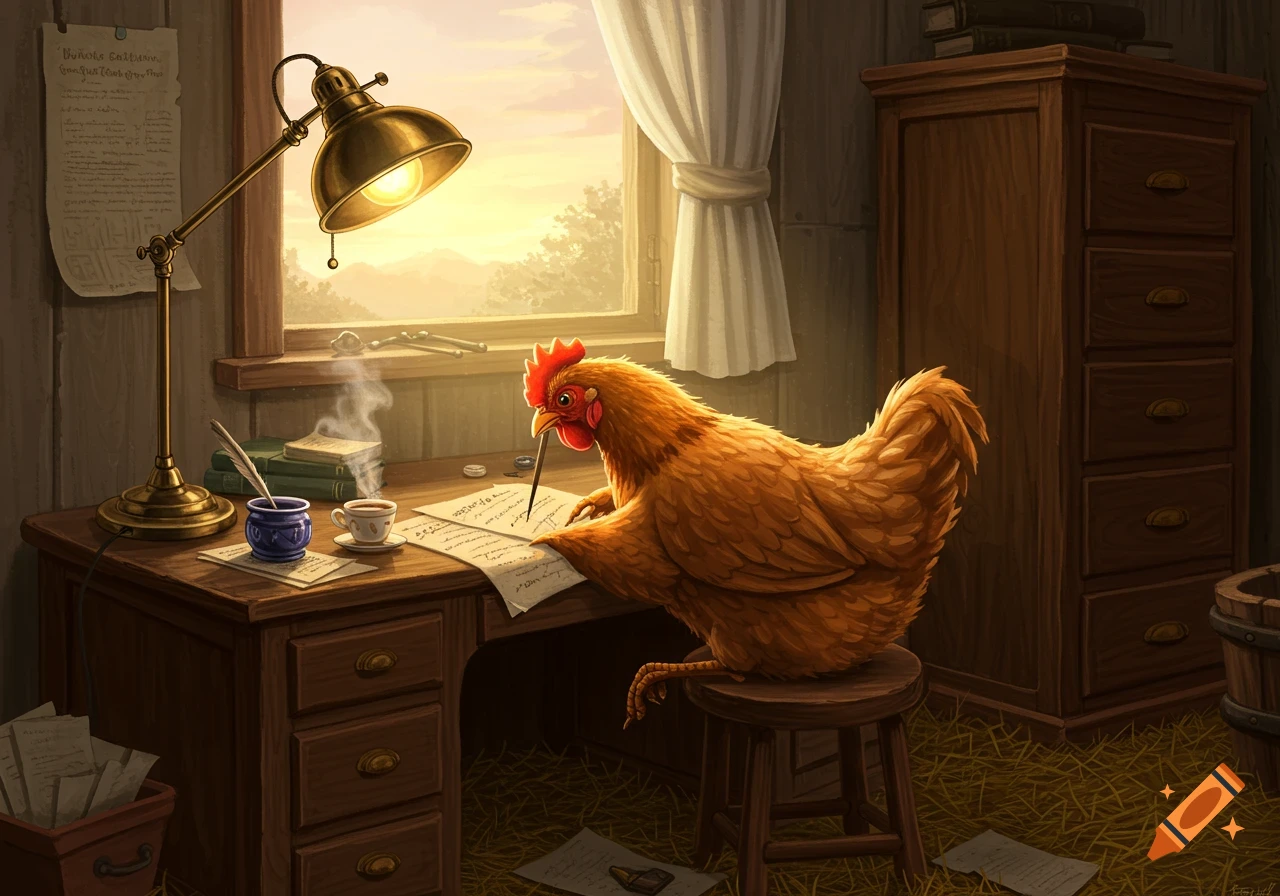 A whimsical illustration of a brown chicken sitting at a wooden desk, writing with a quill pen under the light of a brass lamp. A steaming mug sits next to an inkwell.