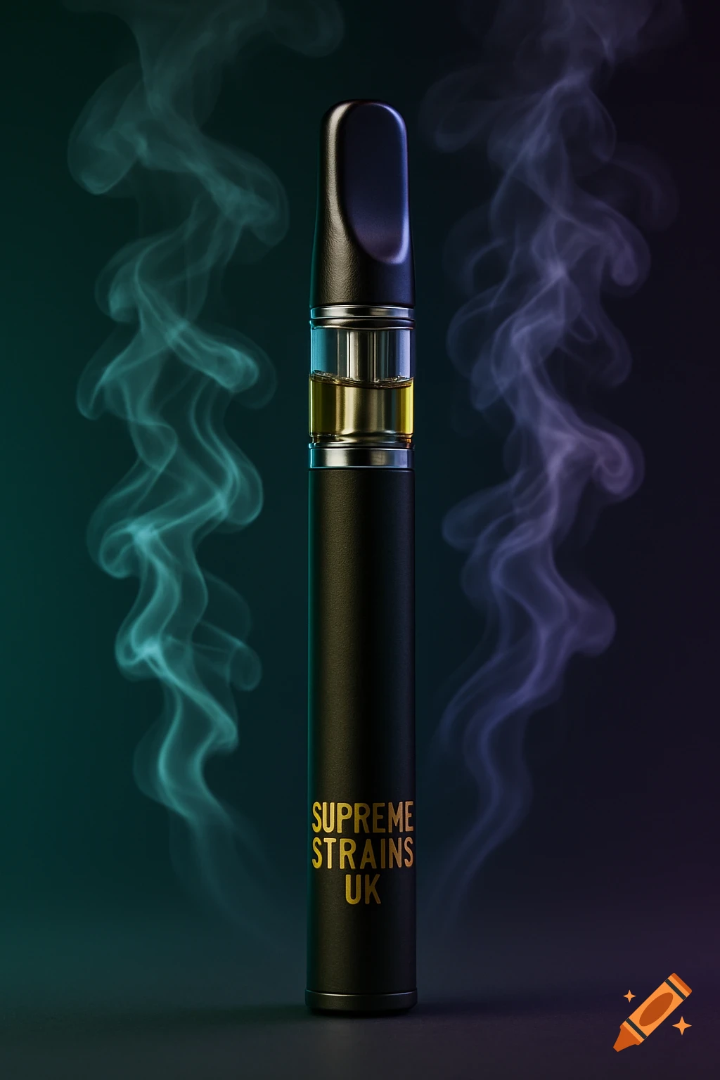 A photorealistic image of a black vape pen with 'SUPREME STRAINS UK' written in gold, surrounded by colorful smoke.