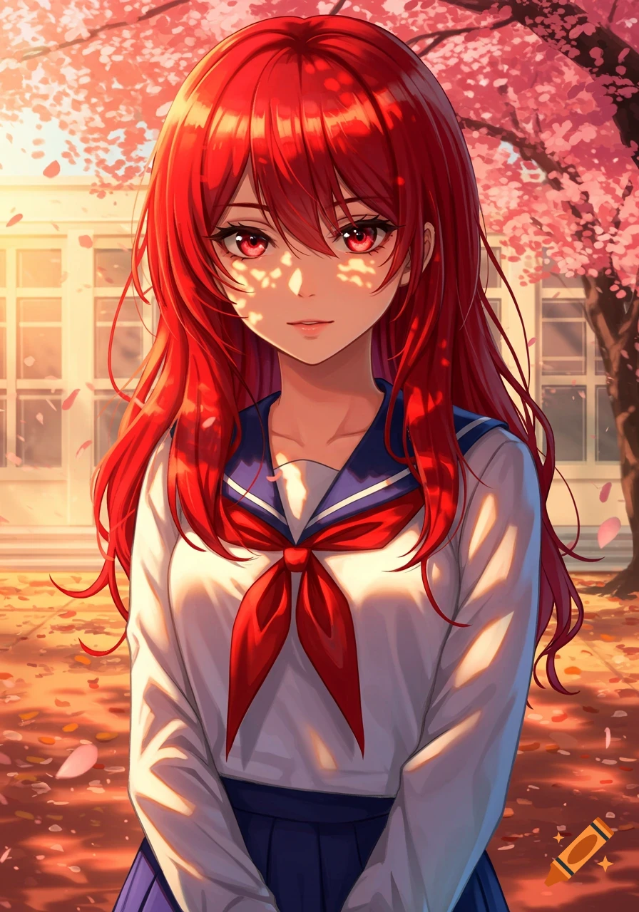 An anime school girl with long red hair and red eyes wears a sailor uniform, standing under pink cherry blossoms with dappled sunlight on her face. A school building is in the background.