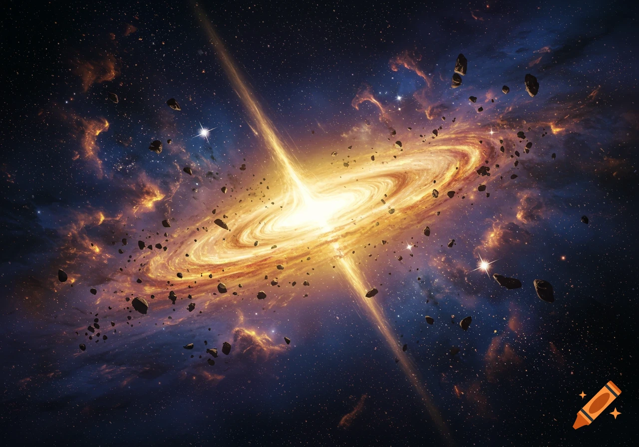 A bright, glowing spiral galaxy with a central powerful light beam, surrounded by numerous asteroids in a dark, star-filled cosmic background with nebulae.