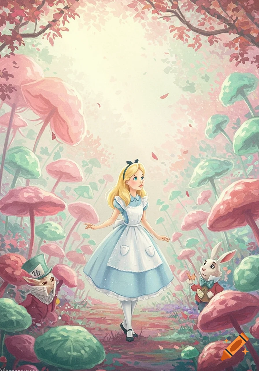 Alice in Wonderland stands in a pastel fantasy forest with giant mushrooms, the White Rabbit, and Mad Hatter.