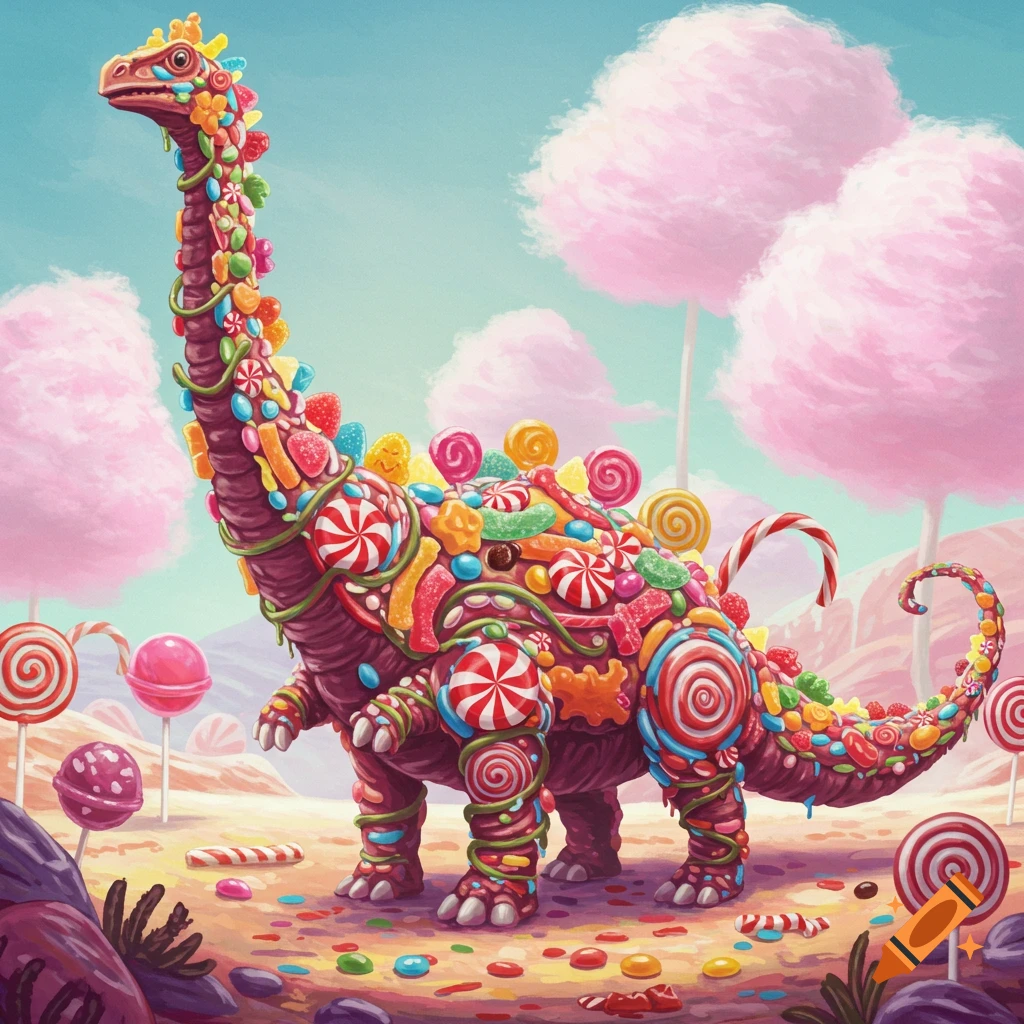 A vibrant illustration of a candy-covered dinosaur standing in a whimsical landscape filled with lollipops and sweets.