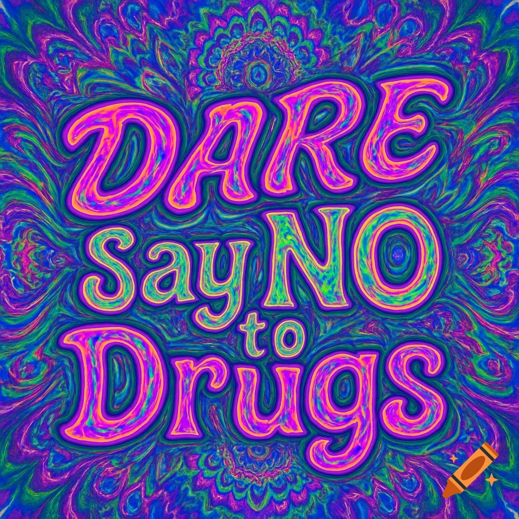 Colorful, psychedelic design with the text 'DARE say NO to Drugs' in bold, swirling letters on a vibrant background.