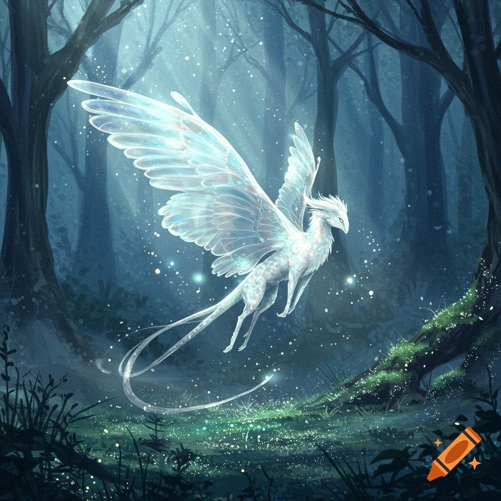 A luminous white fantasy creature with large translucent wings floats in a dark, mystical forest with glowing light particles.