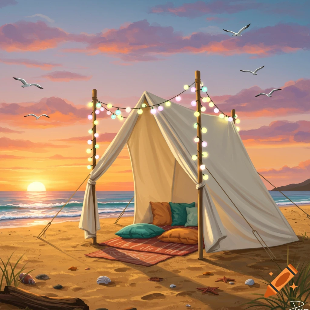 A cozy tent with string lights on a sandy beach at sunset, with ocean waves and seagulls in a painterly style.