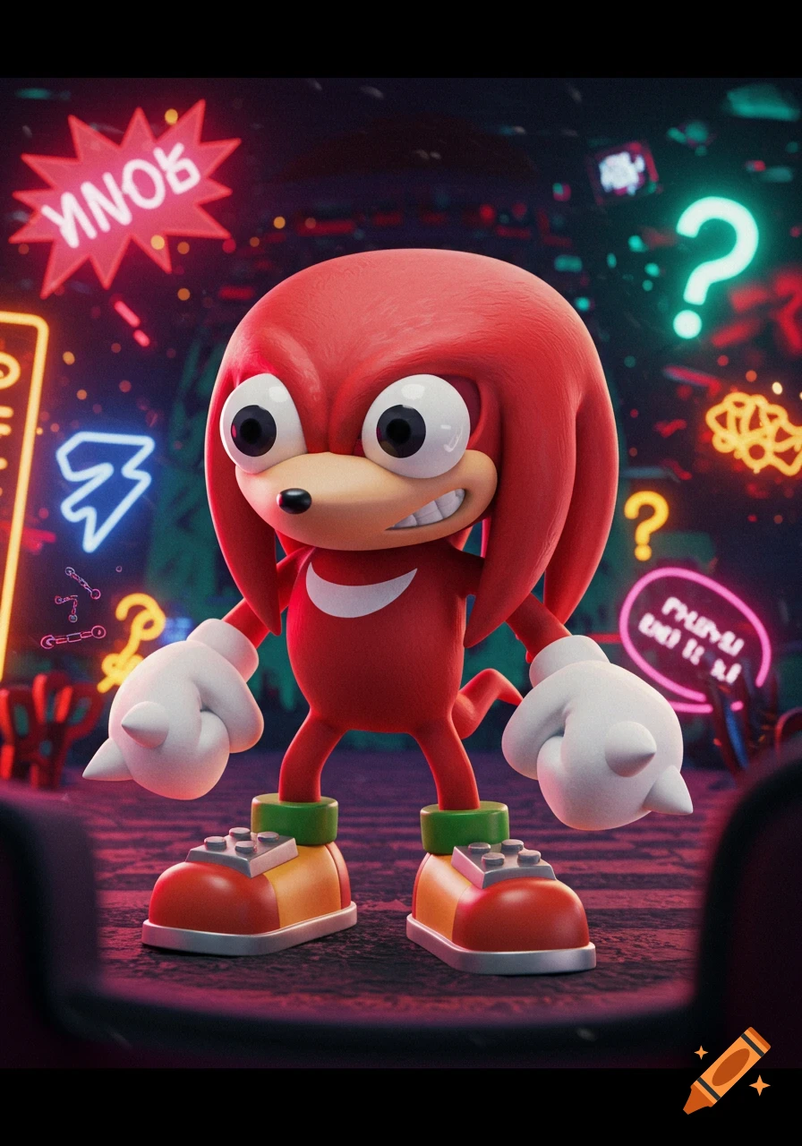 3D render of the Ugandan Knuckles meme character with exaggerated features, wide eyes, and a gritted smile, in front of neon signs.