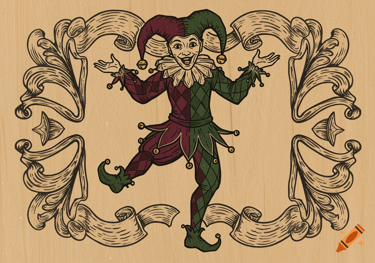 A smiling jester in a red and green diamond-patterned costume and hat with bells, standing with arms outstretched within an ornate scrollwork frame, in a woodcut illustration style.
