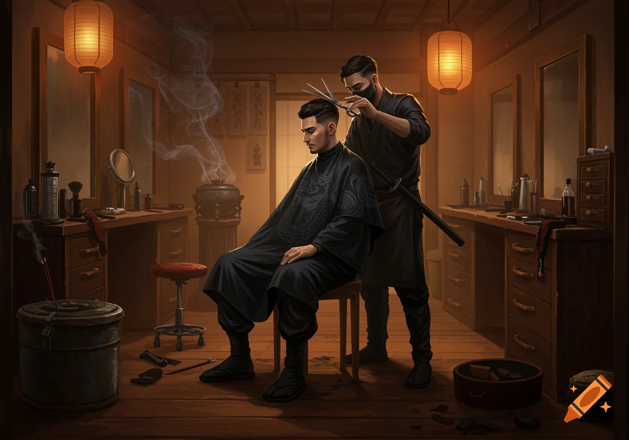 A masked barber cuts the hair of a man dressed in ninja attire in a dimly lit, traditional Japanese barbershop with lanterns and incense smoke.