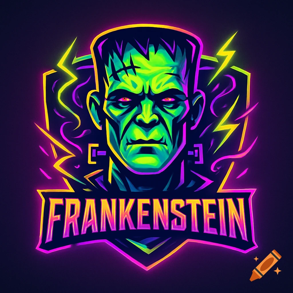 A neon-style logo of Frankenstein's monster with a green face and glowing pink and yellow outlines, with 'FRANKENSTEIN' written below.